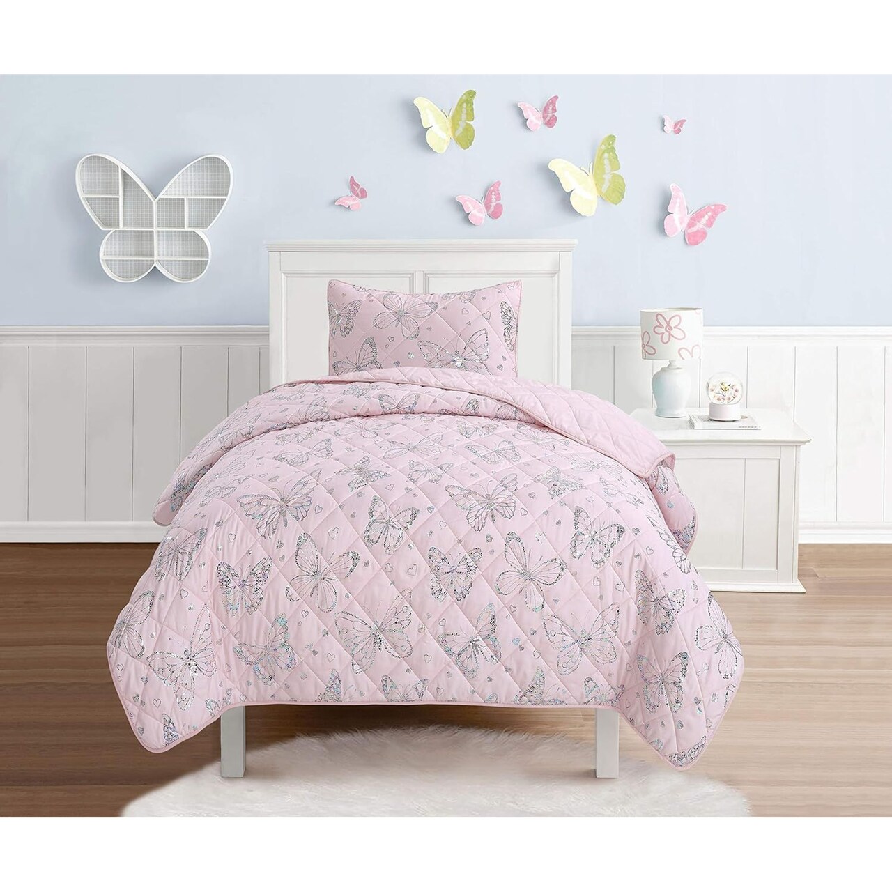 Sleeping Partners 2-Piece Shimmering Metallic Butterfly Quilt Set | 1 Twin Bed Size Quilt & 1 Standard Pillowcase | 100% Micro-denier Polyester Fiber | Soft, Smooth & Durable | Ideal for Teens | Pink
